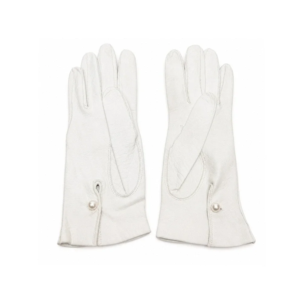 Vintage White Leather Women's Dress Gloves Pearl Button Wrist Soft Leather